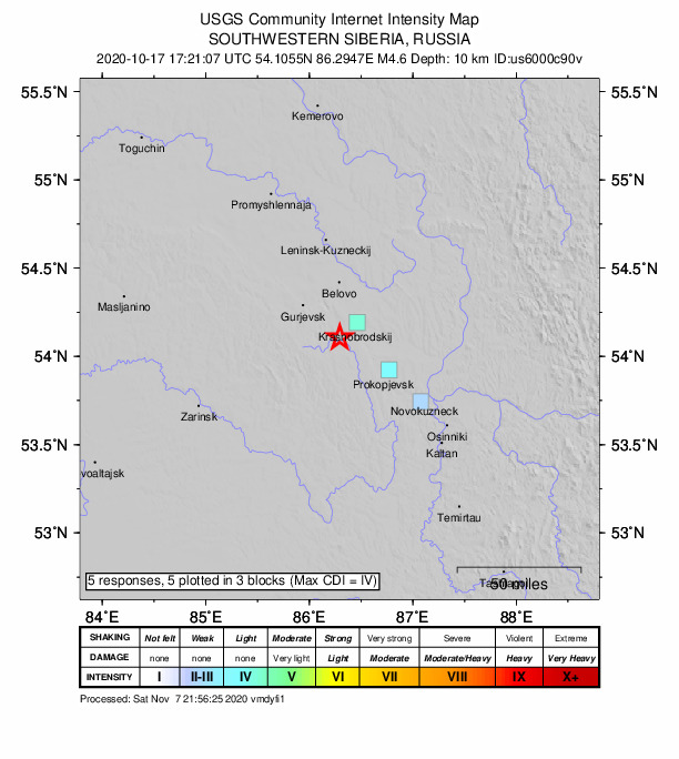 USGS DYFI community-reported intensity map for the M4.6 earthquake near 1 km S of Artyshta, Russia