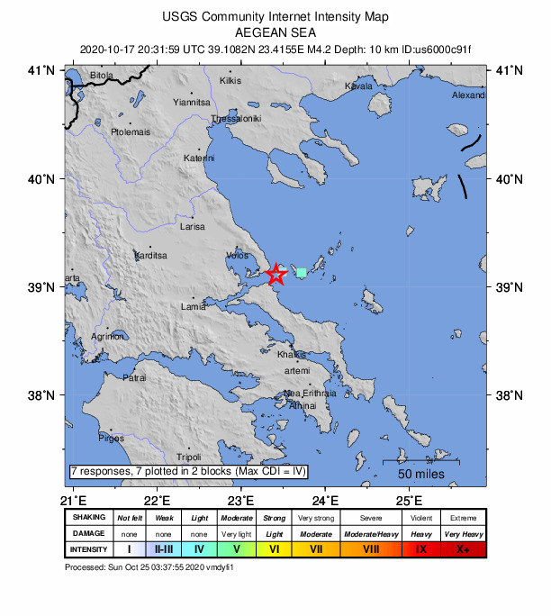 USGS DYFI community-reported intensity map for the M4.2 earthquake near 8 km SW of Skiáthos, Greece