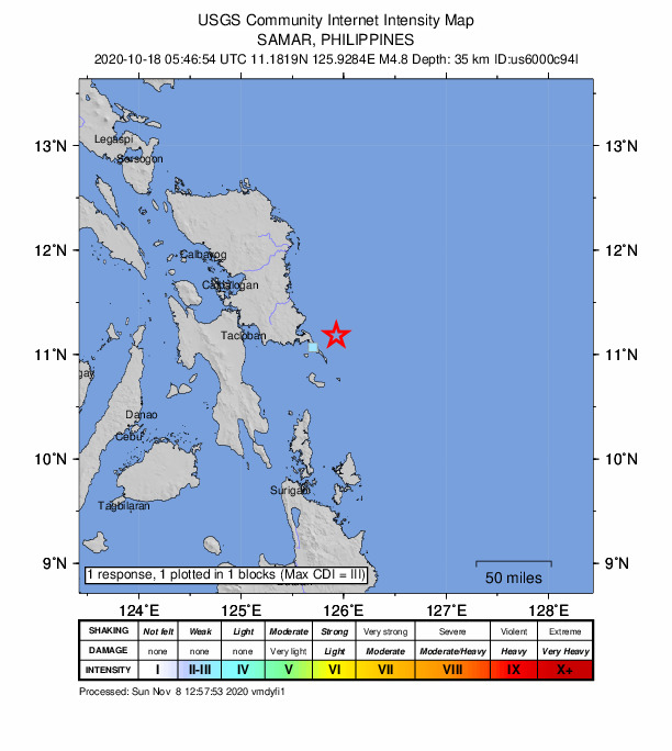 USGS DYFI community-reported intensity map for the M4.8 earthquake near 27 km NE of Guiuan, Philippines