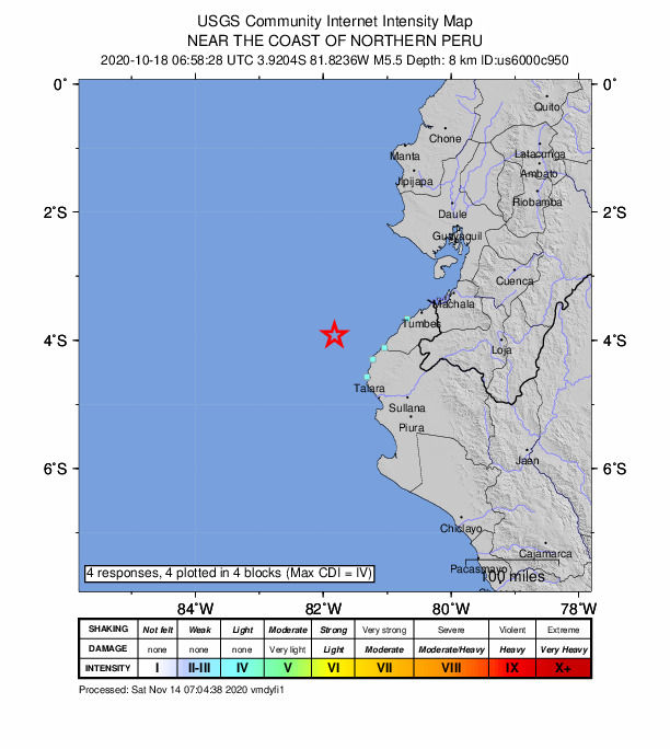 USGS DYFI community-reported intensity map for the M5.5 earthquake near 76 km WNW of El Alto, Peru