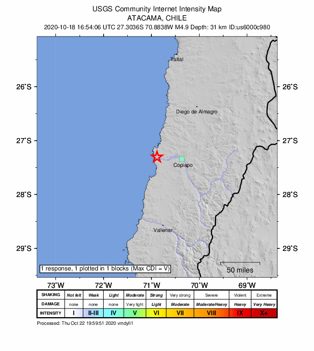 USGS DYFI community-reported intensity map for the M4.9 earthquake near 55 km W of Copiapó, Chile