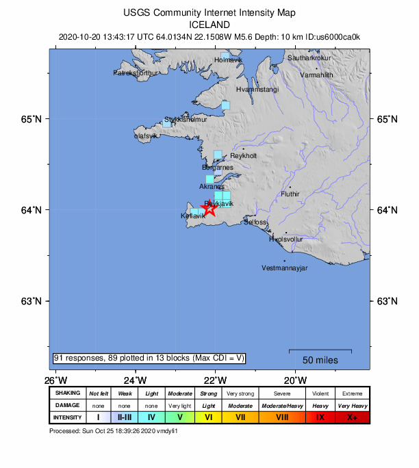 USGS DYFI community-reported intensity map for the M5.6 earthquake near 11 km SW of Álftanes, Iceland
