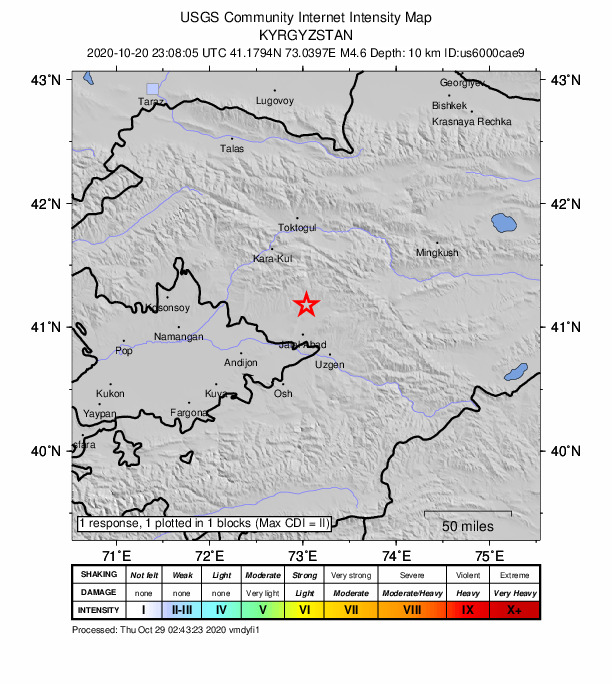 USGS DYFI community-reported intensity map for the M4.6 earthquake near 27 km N of Jalal-Abad, Kyrgyzstan