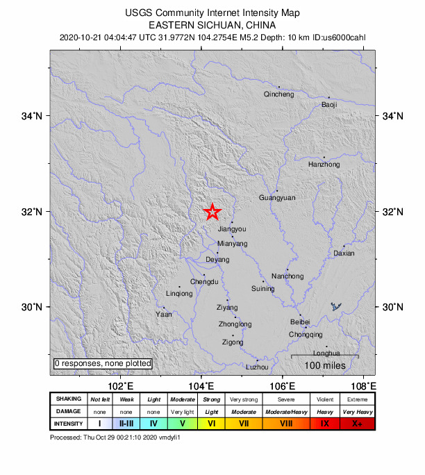 USGS DYFI community-reported intensity map for the M5.2 earthquake near 49 km WNW of Jiangyou, China