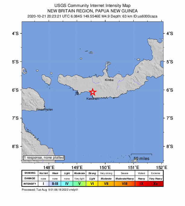 USGS DYFI community-reported intensity map for the M4.9 earthquake near 13 km N of Kandrian, Papua New Guinea