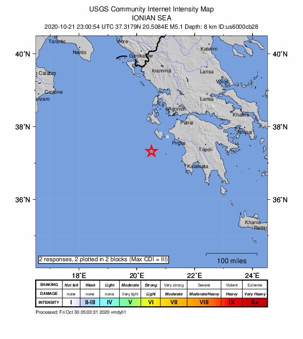 USGS DYFI community-reported intensity map for the M5.2 earthquake near 52 km SSW of Lithakiá, Greece
