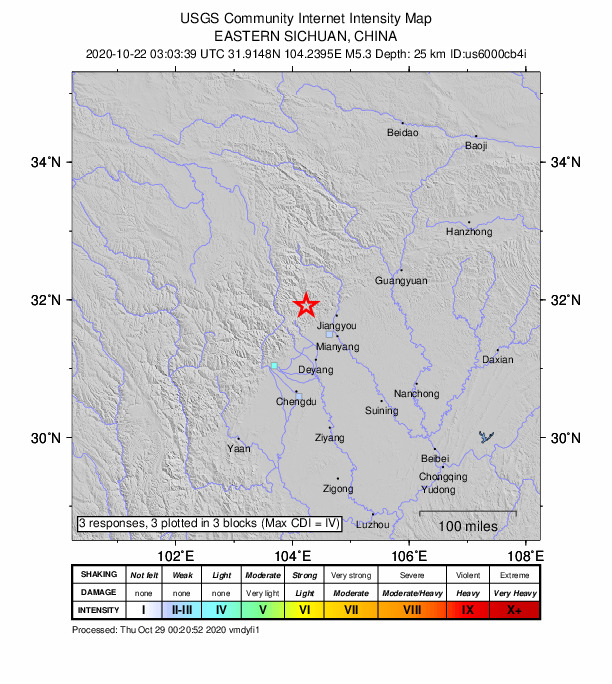 USGS DYFI community-reported intensity map for the M5.3 earthquake near 49 km WNW of Jiangyou, China