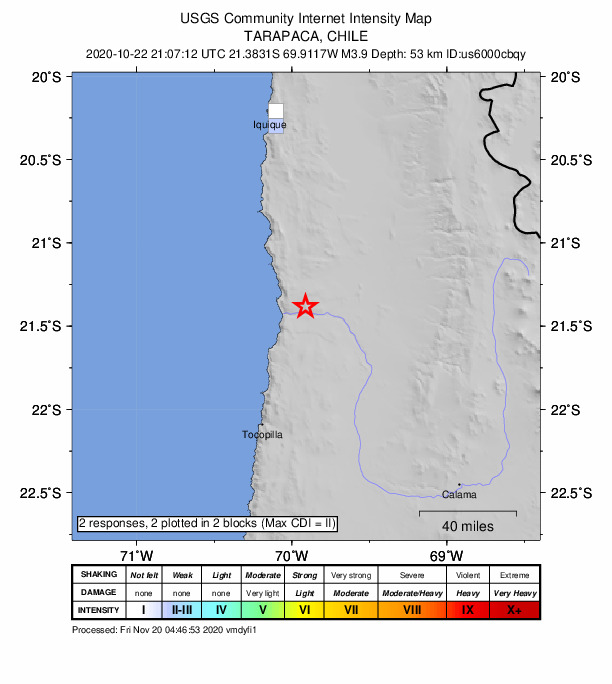 USGS DYFI community-reported intensity map for the M3.9 earthquake near 83 km NNE of Tocopilla, Chile