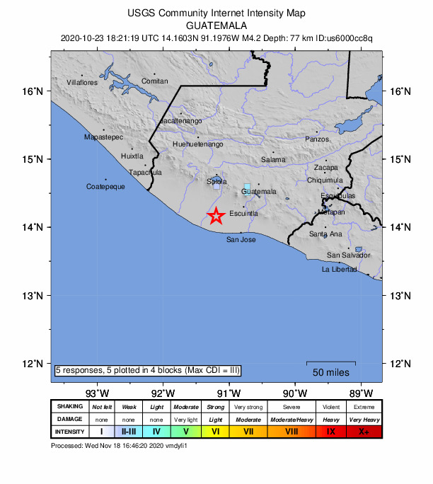 USGS DYFI community-reported intensity map for the M4.2 earthquake near 11 km ESE of Nueva Concepción, Guatemala