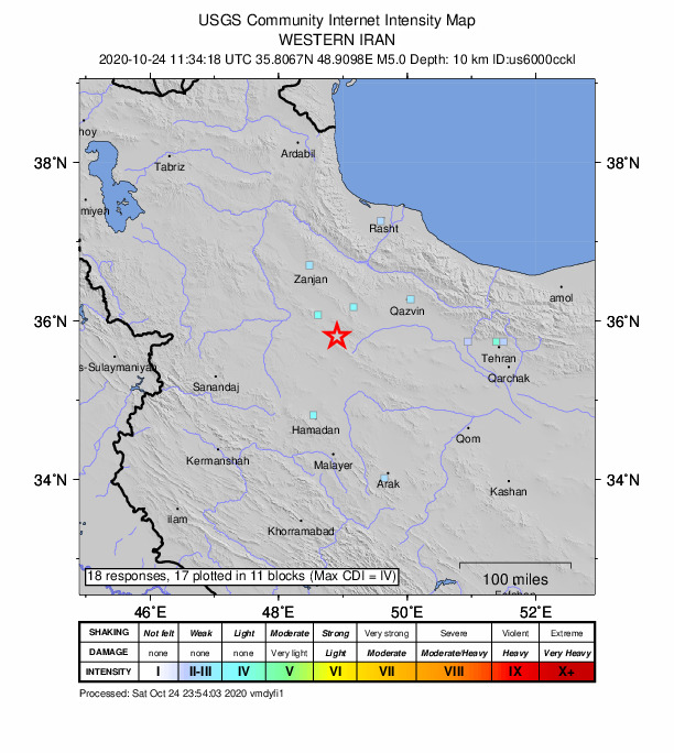USGS DYFI community-reported intensity map for the M5.0 earthquake near 51 km SSW of Abhar, Iran