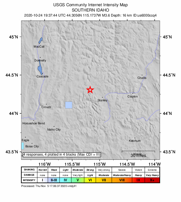 USGS DYFI community-reported intensity map for the M3.6 earthquake near 21 km WNW of Stanley, Idaho
