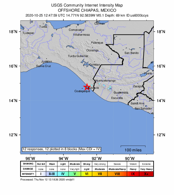 USGS DYFI community-reported intensity map for the M5.1 earthquake near 18 km SW of Buenos Aires, Mexico