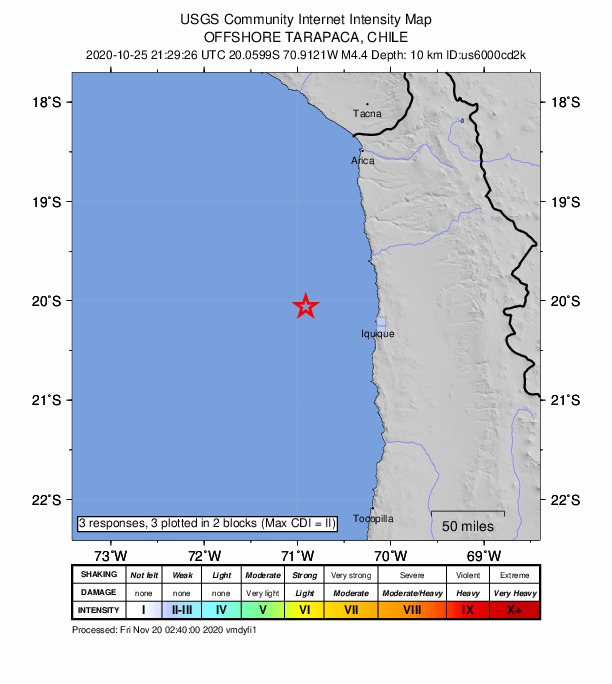 USGS DYFI community-reported intensity map for the M4.4 earthquake near 81 km WNW of Iquique, Chile