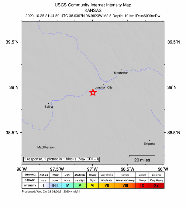 USGS DYFI community-reported intensity map for the M2.8 earthquake near 4 km SSE of Chapman, Kansas
