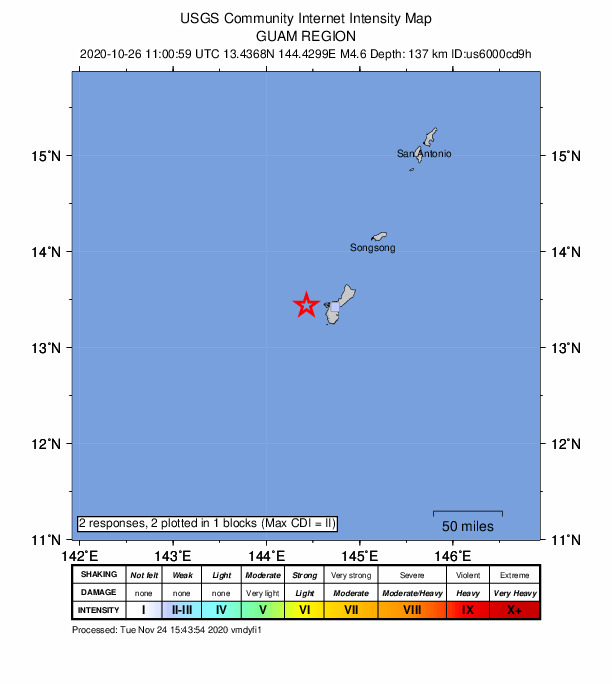USGS DYFI community-reported intensity map for the M4.6 earthquake near 25 km WNW of Agat Village, Guam