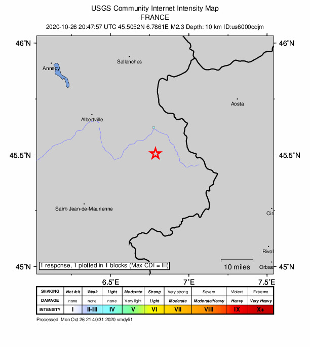 USGS DYFI community-reported intensity map for the M2.3 earthquake near 6 km E of Belle-Plagne, France