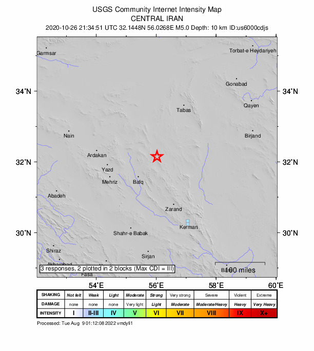 USGS DYFI community-reported intensity map for the M5.0 earthquake near 84 km NE of B?fq, Iran
