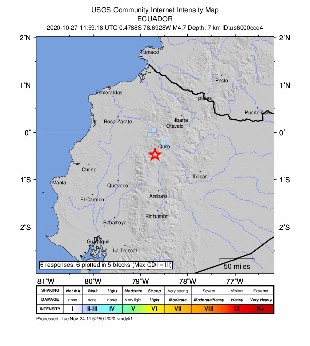 USGS DYFI community-reported intensity map for the M4.7 earthquake near 14 km WNW of Machachi, Ecuador