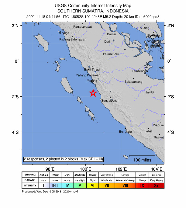 USGS DYFI community-reported intensity map for the M5.2 earthquake near 95 km S of Padang, Indonesia
