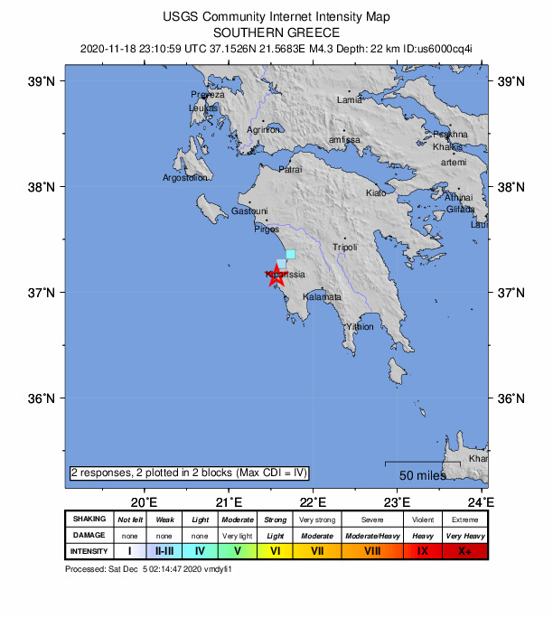 USGS DYFI community-reported intensity map for the M4.3 earthquake near 1 km WSW of Filiatrá, Greece
