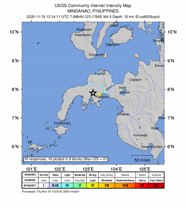 USGS DYFI community-reported intensity map for the M4.5 earthquake near 6 km SSW of Midsalip, Philippines