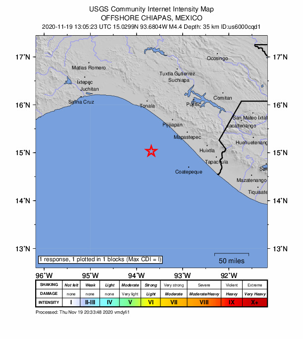 USGS DYFI community-reported intensity map for the M4.5 earthquake near 102 km SSW of La Esperanza (El Zapotal), Mexico
