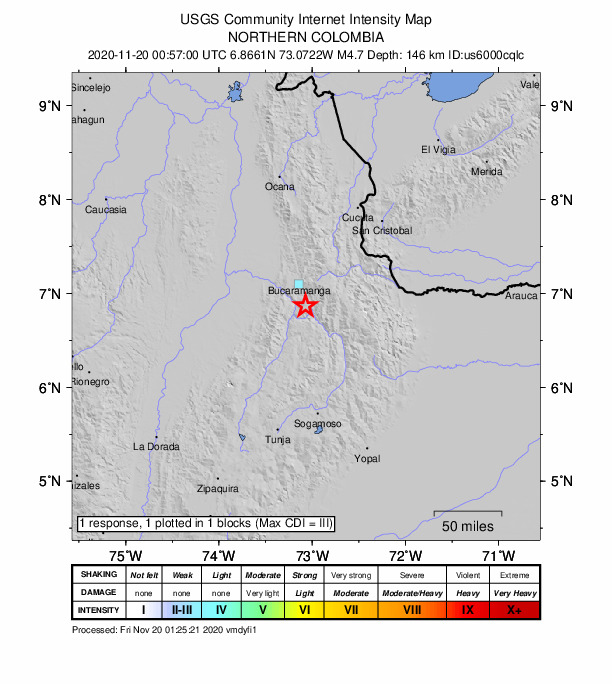 USGS DYFI community-reported intensity map for the M4.7 earthquake near 11 km NNE of Jordán, Colombia