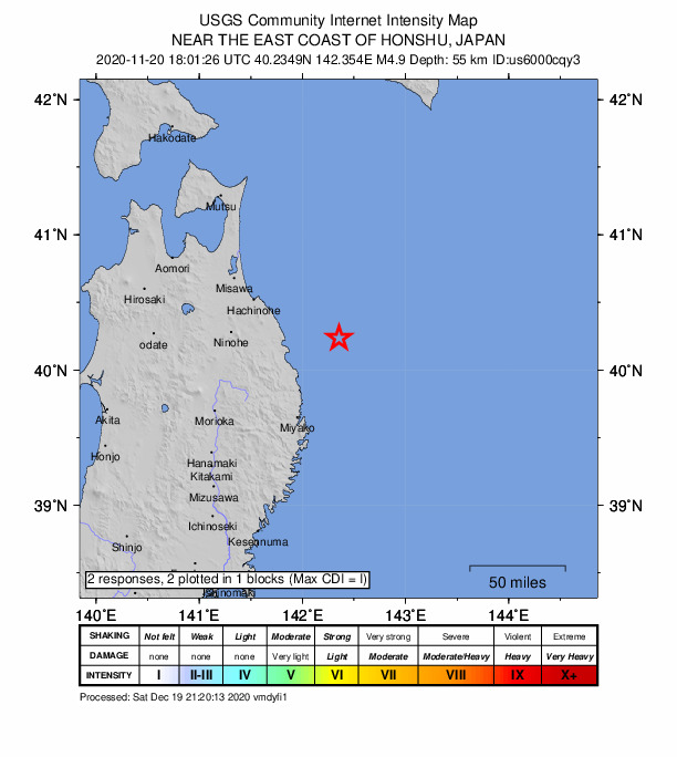 USGS DYFI community-reported intensity map for the M4.9 earthquake near 74 km NNE of Miyako, Japan