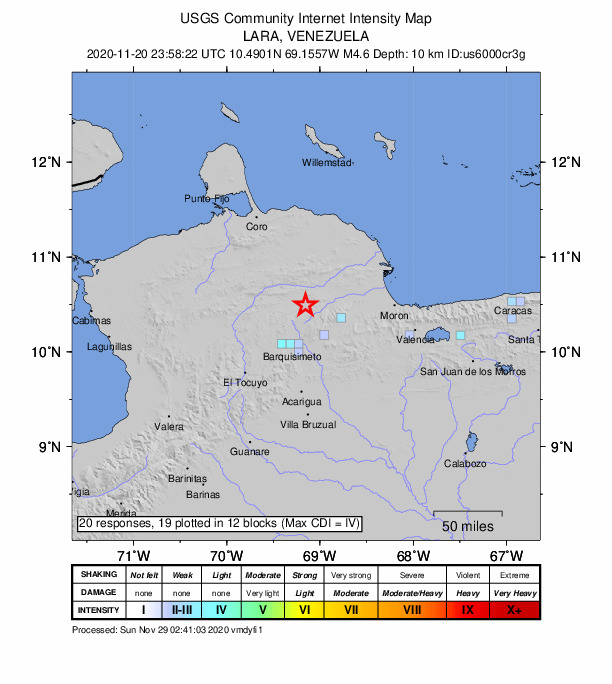 USGS DYFI community-reported intensity map for the M4.6 earthquake near 45 km N of Yaritagua, Venezuela