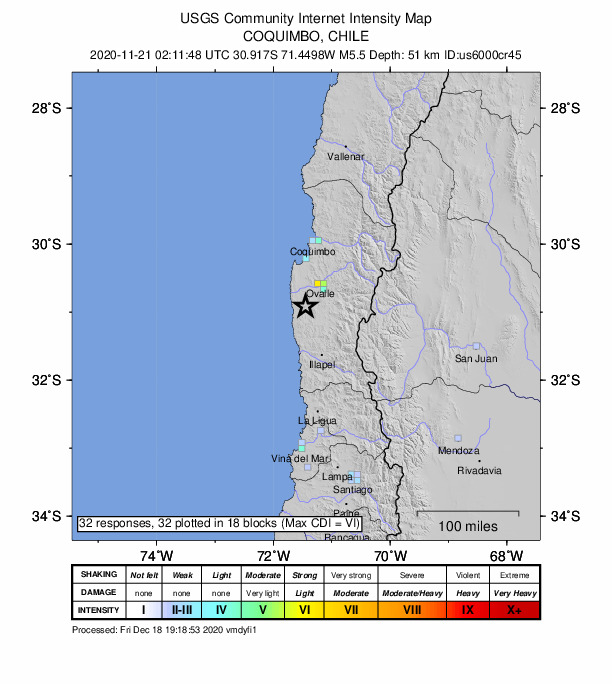 USGS DYFI community-reported intensity map for the M5.5 earthquake near 42 km SW of Ovalle, Chile