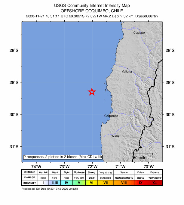 USGS DYFI community-reported intensity map for the M4.2 earthquake near 94 km NW of Coquimbo, Chile