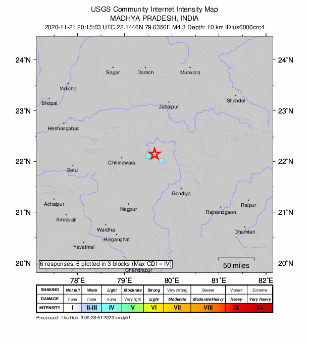 USGS DYFI community-reported intensity map for the M4.3 earthquake near 10 km NE of Seoni, India