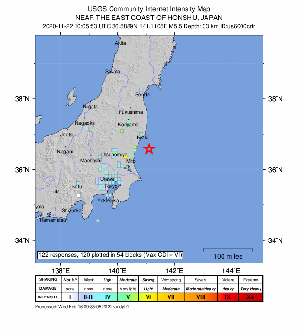 USGS DYFI community-reported intensity map for the M5.5 earthquake near 37 km ESE of Takahagi, Japan