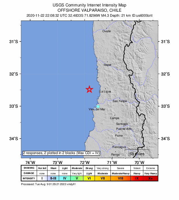 USGS DYFI community-reported intensity map for the M4.3 earthquake near 56 km W of La Ligua, Chile