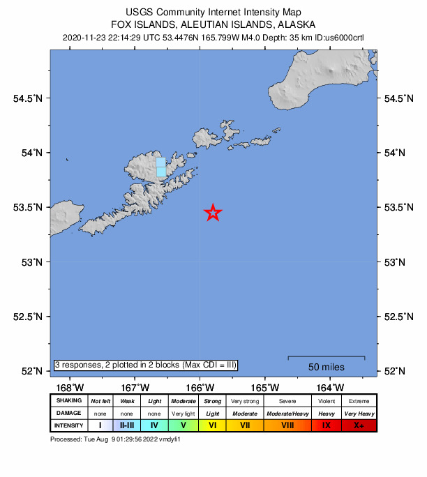 USGS DYFI community-reported intensity map for the M4.0 earthquake near 67 km SE of Unalaska, Alaska