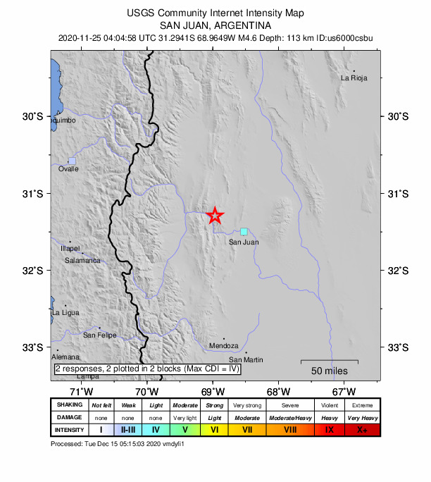 USGS DYFI community-reported intensity map for the M4.6 earthquake near 35 km NW of Villa Basilio Nievas, Argentina