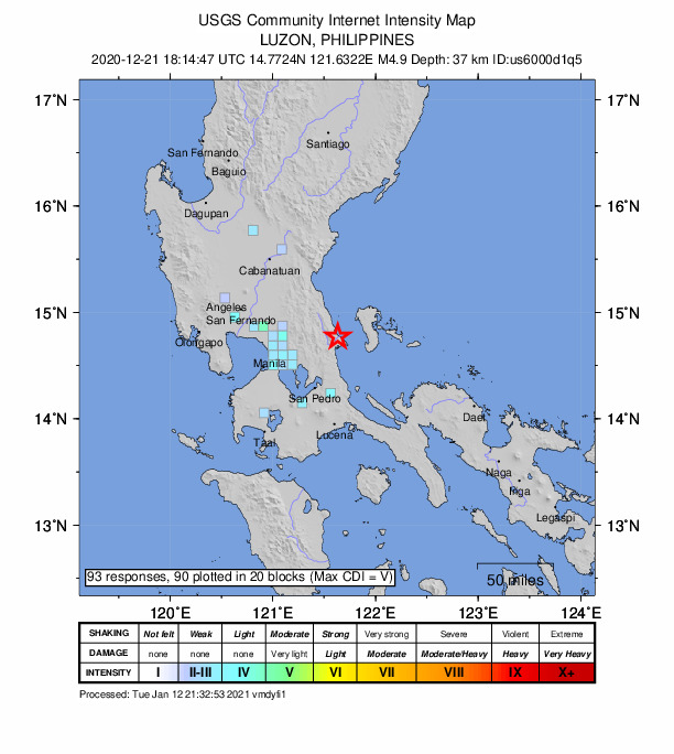 USGS DYFI community-reported intensity map for the M4.9 earthquake near 0 km NNW of General Nakar, Philippines
