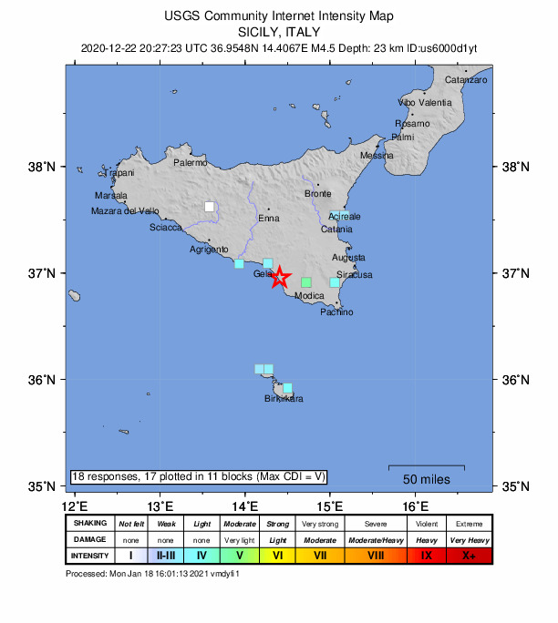 USGS DYFI community-reported intensity map for the M4.5 earthquake near 7 km NNW of Scoglitti, Italy