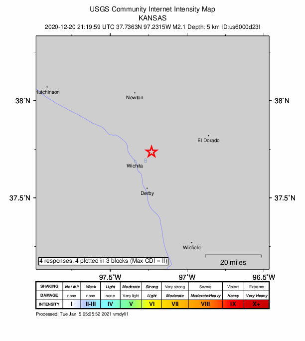 USGS DYFI community-reported intensity map for the M2.1 earthquake near 3 km SE of Bellaire, Kansas