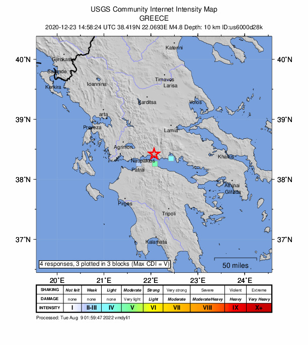 USGS DYFI community-reported intensity map for the M4.8 earthquake near 14 km NNE of Kamárai, Greece