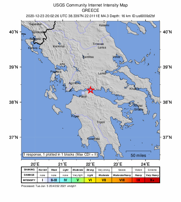 USGS DYFI community-reported intensity map for the M4.3 earthquake near 4 km NNE of Kamárai, Greece