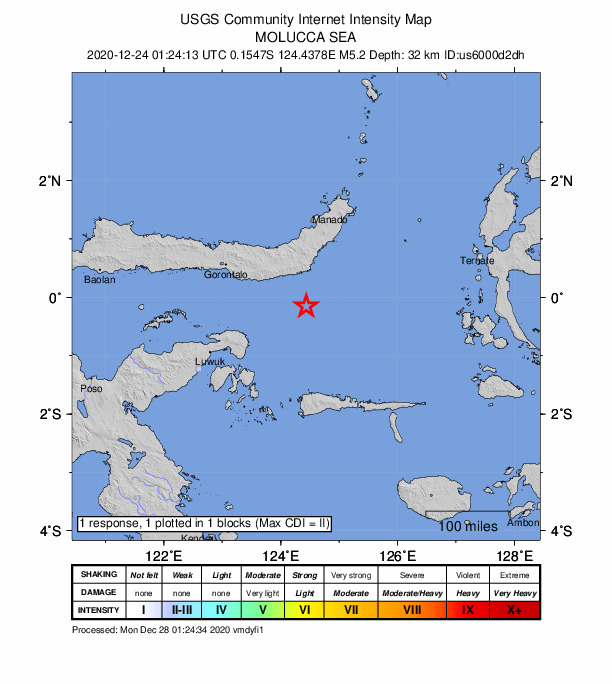 USGS DYFI community-reported intensity map for the M5.2 earthquake near 167 km SSW of Tomohon, Indonesia
