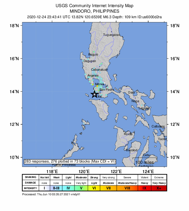 USGS DYFI community-reported intensity map for the M6.3 earthquake near 2 km ESE of Calatagan, Philippines