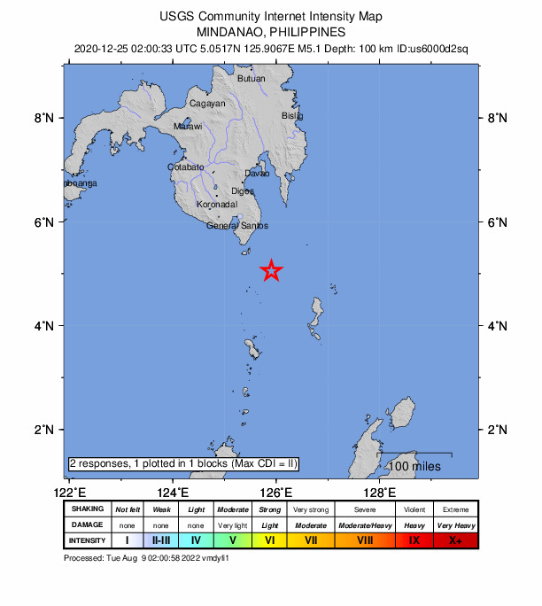 USGS DYFI community-reported intensity map for the M5.1 earthquake near 62 km SE of Sarangani, Philippines