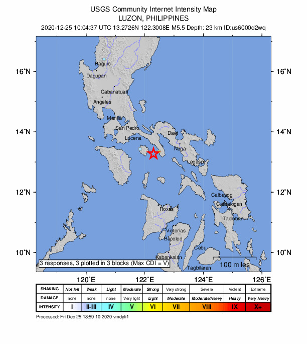 USGS DYFI community-reported intensity map for the M5.4 earthquake near 20 km W of Silongin, Philippines