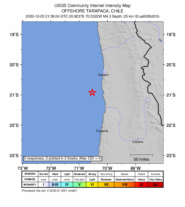 USGS DYFI community-reported intensity map for the M4.3 earthquake near 88 km SSW of Iquique, Chile