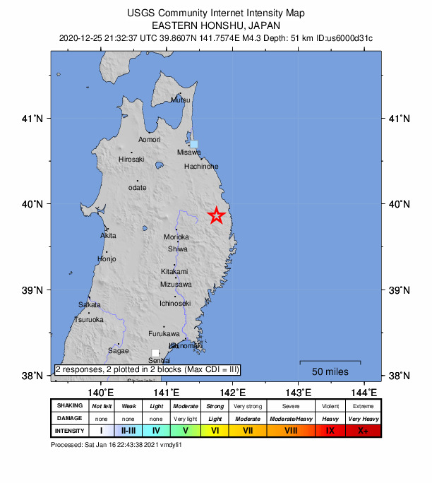 USGS DYFI community-reported intensity map for the M4.3 earthquake near eastern Honshu, Japan