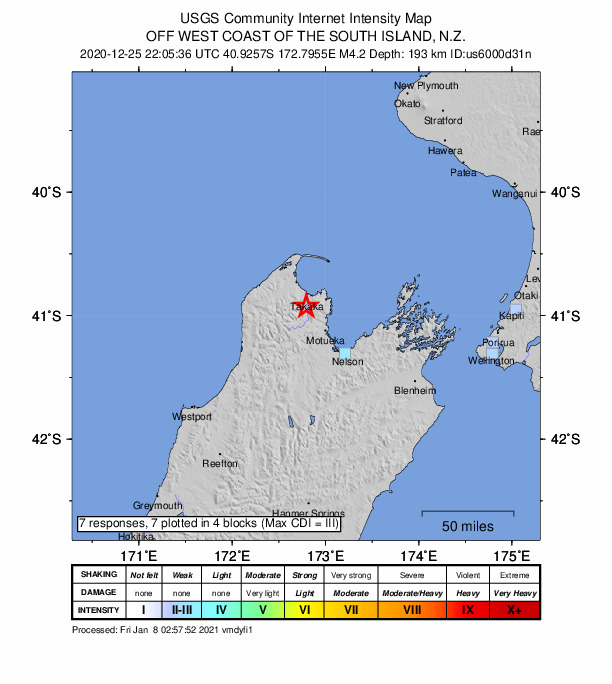 USGS DYFI community-reported intensity map for the M4.2 earthquake near 8 km S of Takaka, New Zealand