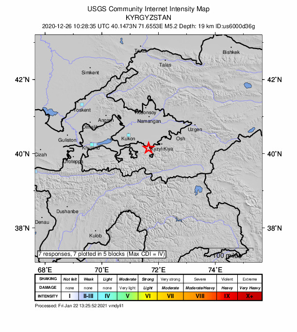USGS DYFI community-reported intensity map for the M4.8 earthquake near 23 km NW of Shohimardon, Uzbekistan