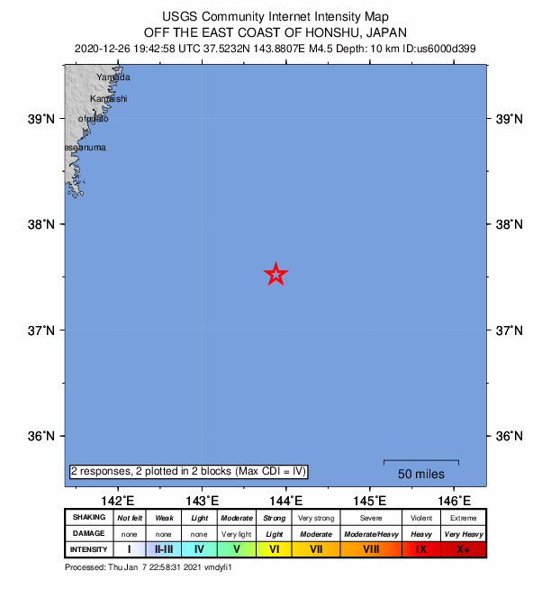 USGS DYFI community-reported intensity map for the M4.5 earthquake near 247 km ESE of Ishinomaki, Japan